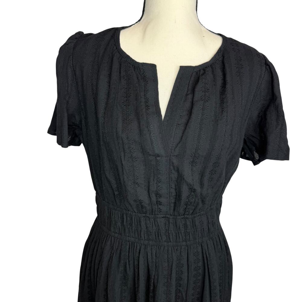 Black Midi Dress Size M Puff Sleeve Elastic Waist Casual Minimalist - Picture 4 of 7